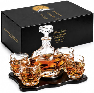 Storm Japanese Crystal Whisky Decanter Set with 4 Tumbler Glasses, Lead-Free Liquor Carafe & 10oz Rocks Glasses