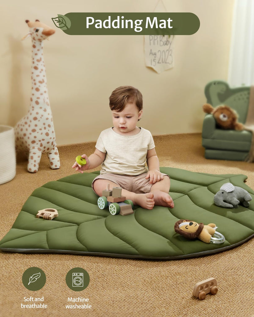 Play Gym & Activity Mat, Oversize Leaf Shaped Baby Play Mat w 6 Detachable Toys, Tummy Time Mat Promote Motor Skills