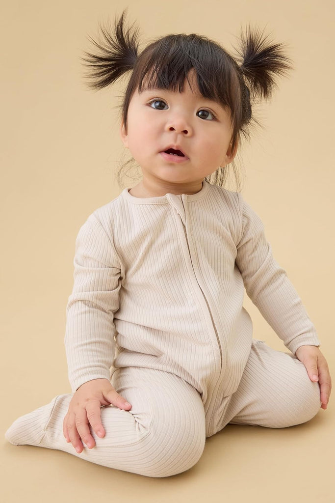 Baby Ribbed Clever Pajamas with Two-Way Zips & Scratch Mitts - Footed Nightwear - Viscose from Bamboo & Cotton