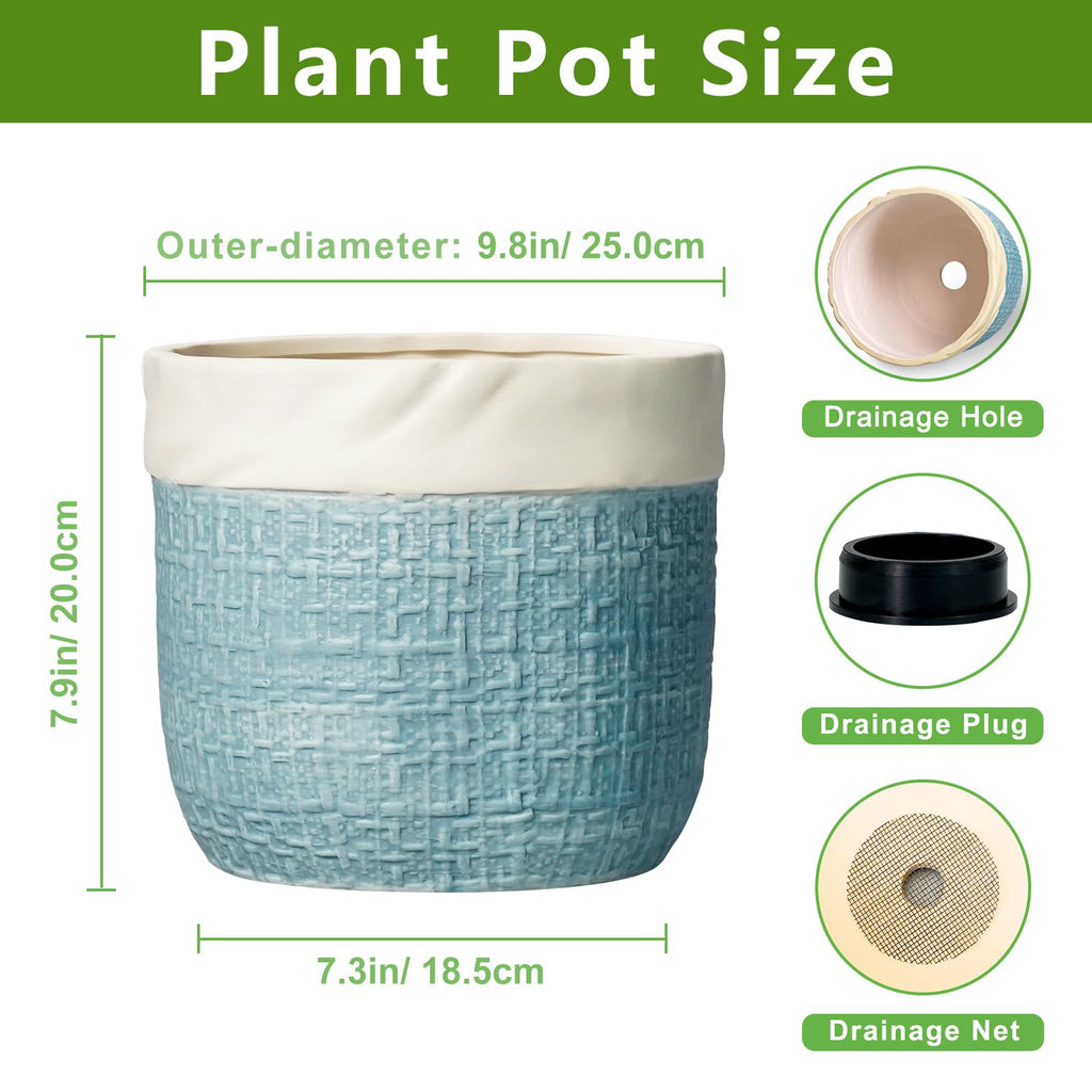 9.8 Inch Plant Pot - Ceramic Pots for Plants with Drainage Hole, Boho Plant Pots for Indoor Outdoor Plants
