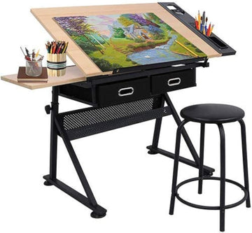 Drafting Table Drawing Desk Art&Craft Work Station Height Adjustable Tilting Tabletop Craft Table Desk w/Stool and 2