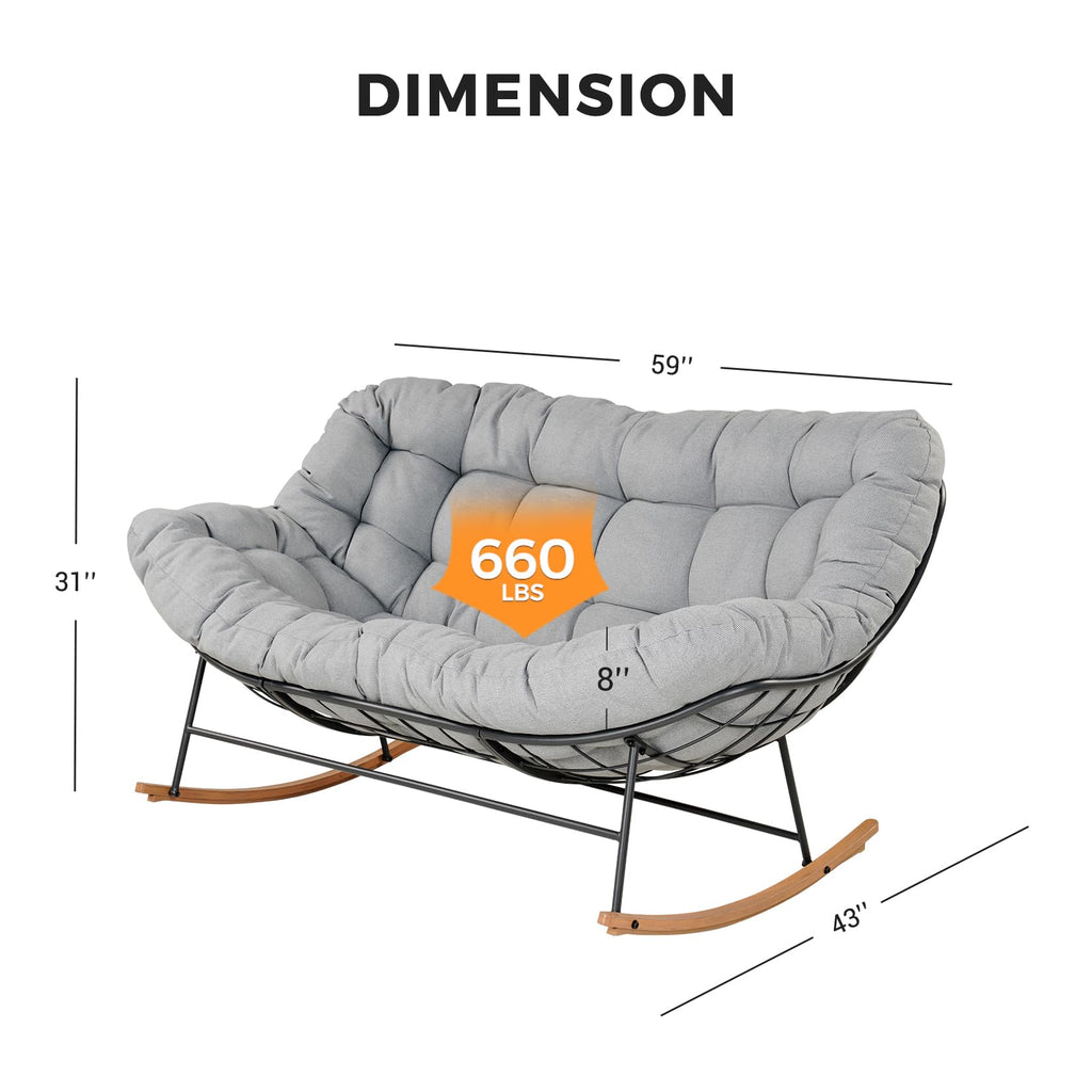 Oversized Papasan Loveseat Rocking Chair Patio Lounge, Grey