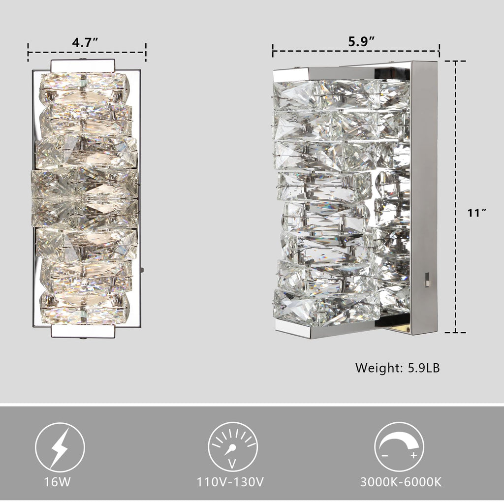 Chrome Crystal Wall Sconces, Modern Dimmable LED Wall Light Fixtures with 3 Color Temperature, K9 Elegant Crystal