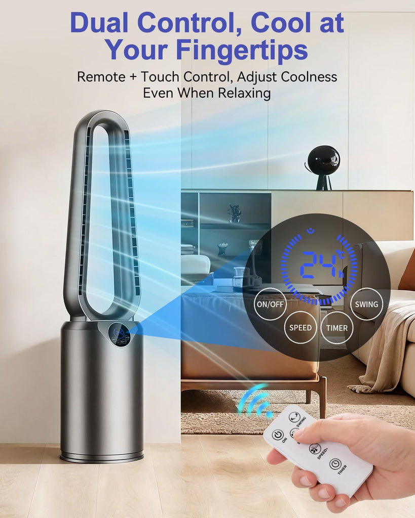 Bladeless Tower Fan with Powerful Airflow, Ultra-Quiet DC Motor (22 dB), 8 Speed Levels & 4 Modes, Remote Control