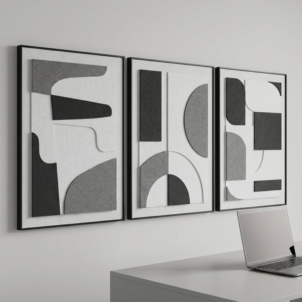 3Pcs 3D Sandstone Wall Art, Black Frame Abstract Geometric Relief