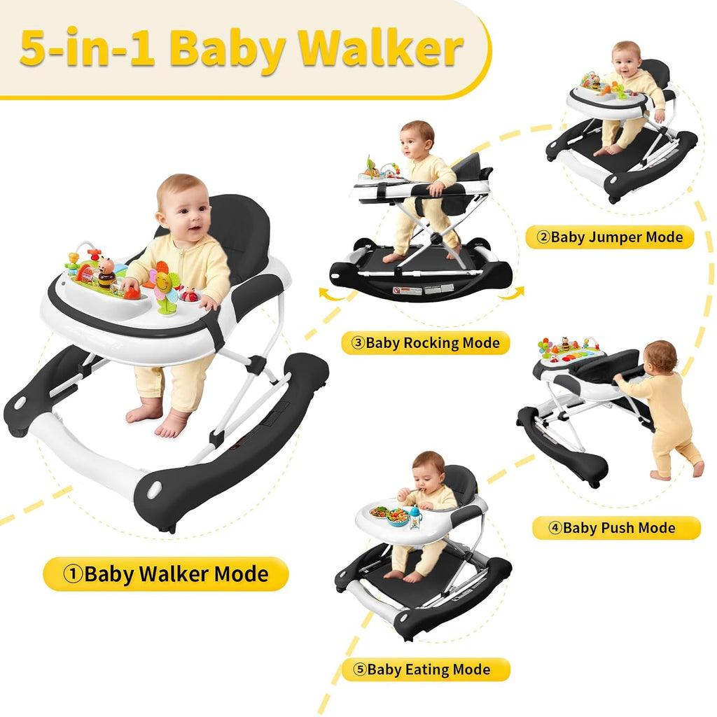 5 in 1 Baby Walker, Music and Lights Walker for Baby Boy Girls 6-12 Months, Foldable Baby Walkers with Wheels