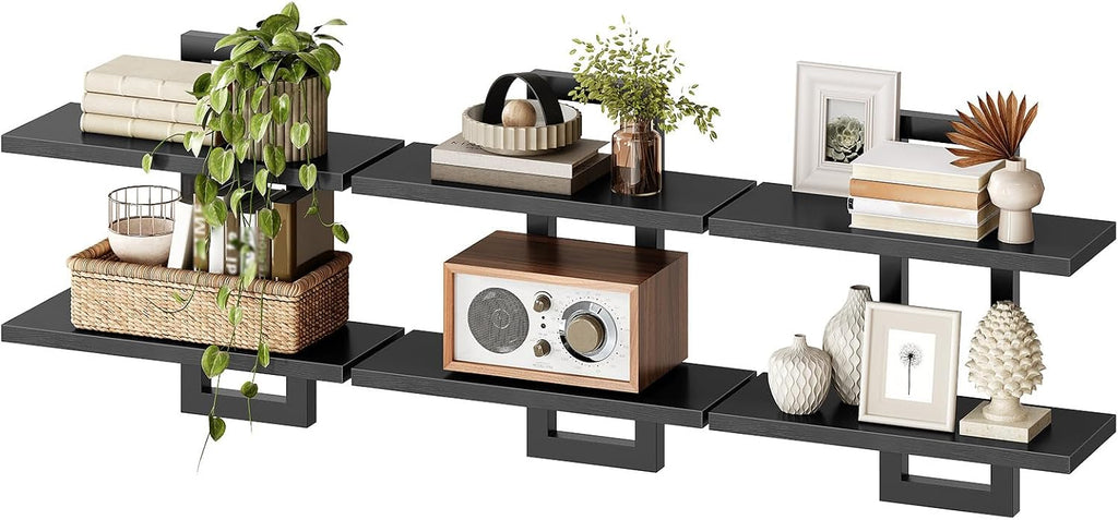 Floating Shelves, 15 Inch Wall Shelf Set of 3, Wall Mounted Storage Shelves 2-Tier, Hanging Bathroom Shelves, Black