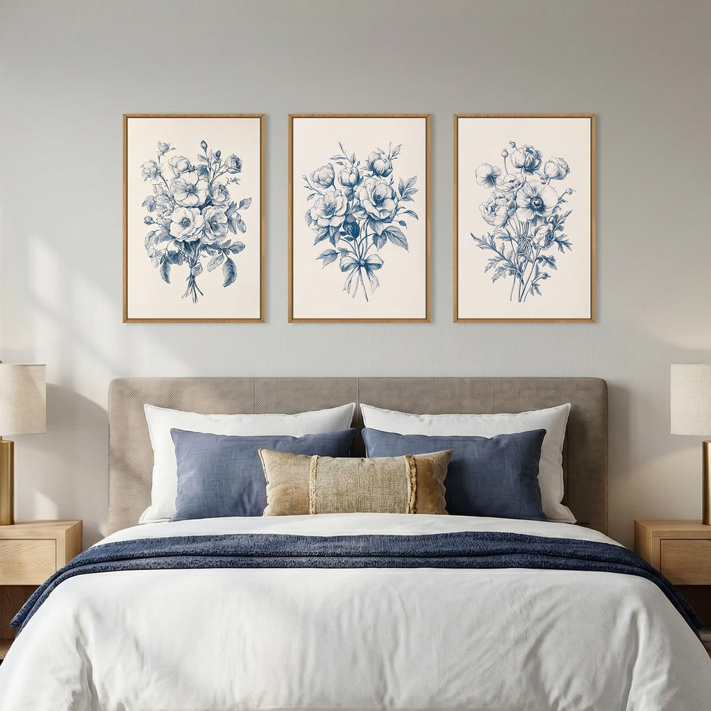Navy Blue Floral Framed Canvas Wall Art Set,Vintage Botanical Flower Wall Decor,Modern Minimalist Bouquet Art