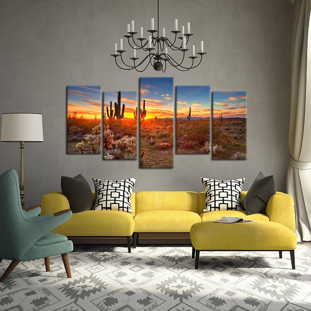 Natural Landscape Paintings Wall Art Sunset with Saguaros in Sonoran Desert 5 Pieces Picture Print on Canvas for