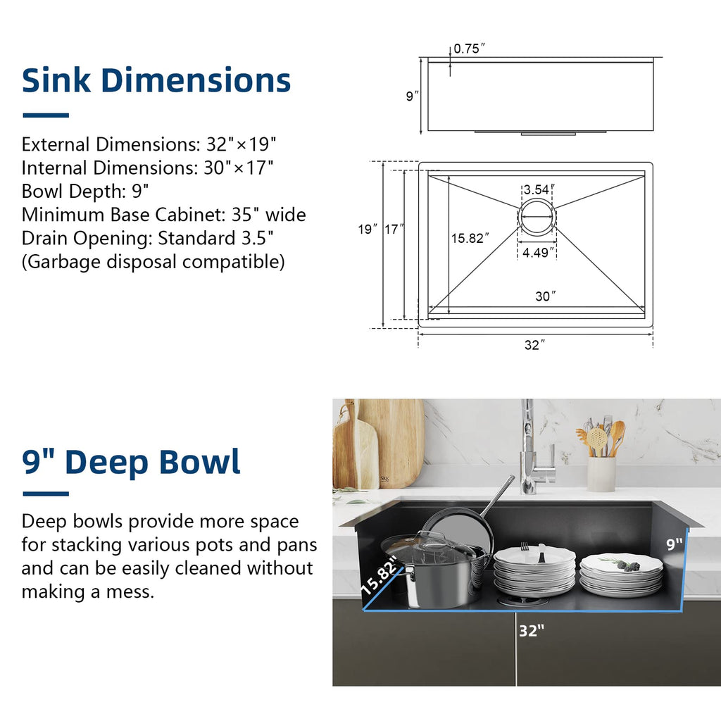 32-inch Undermount Workstation Kitchen Sink, 16 Gauge Stainless Steel Kitchen Sink with Nano Coating & Brushed