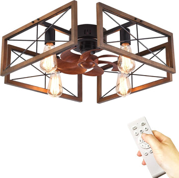 20''Farmhouse Flush Mount Ceiling Fan with Light and Remote Control,Industry Wood Low Profile Fan Rustic Industrial