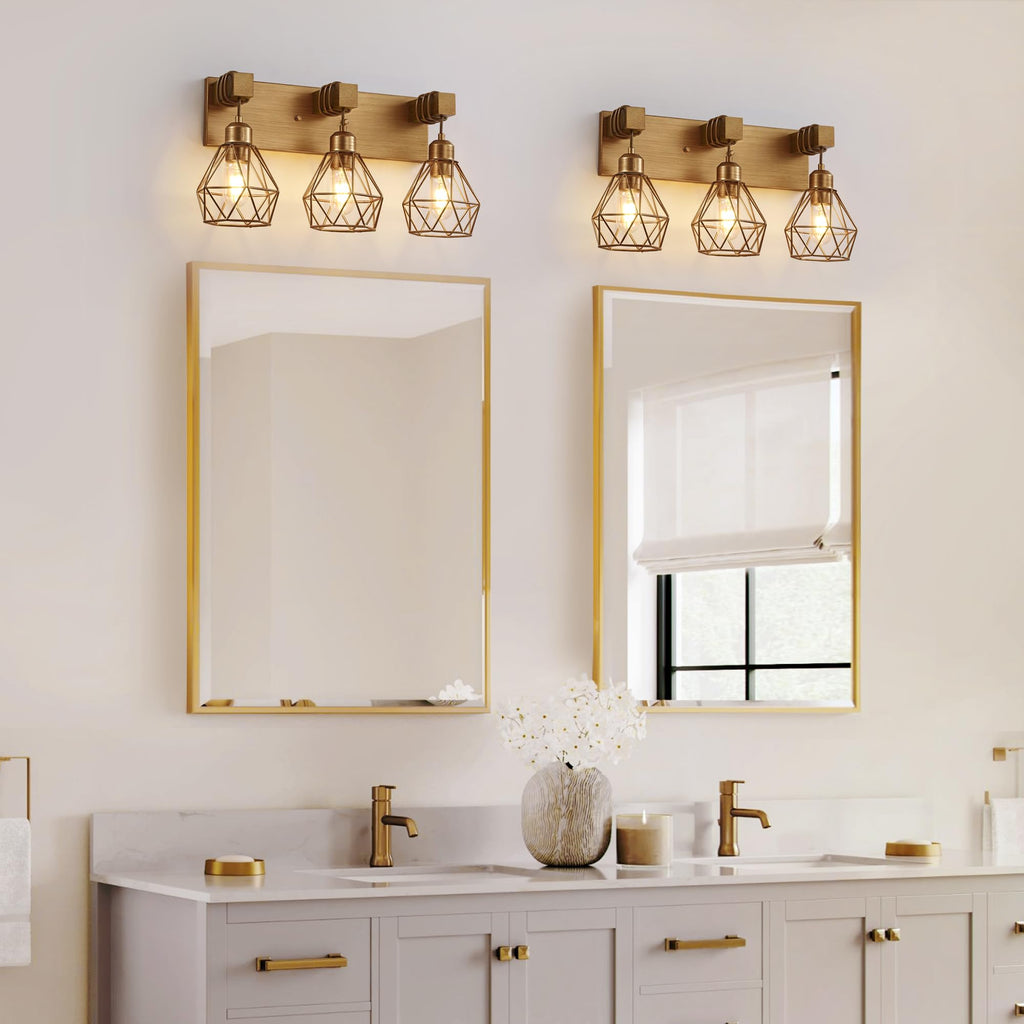 3 Light Bathroom Vanity Light, Farmhouse Gold Fixture Over Mirror