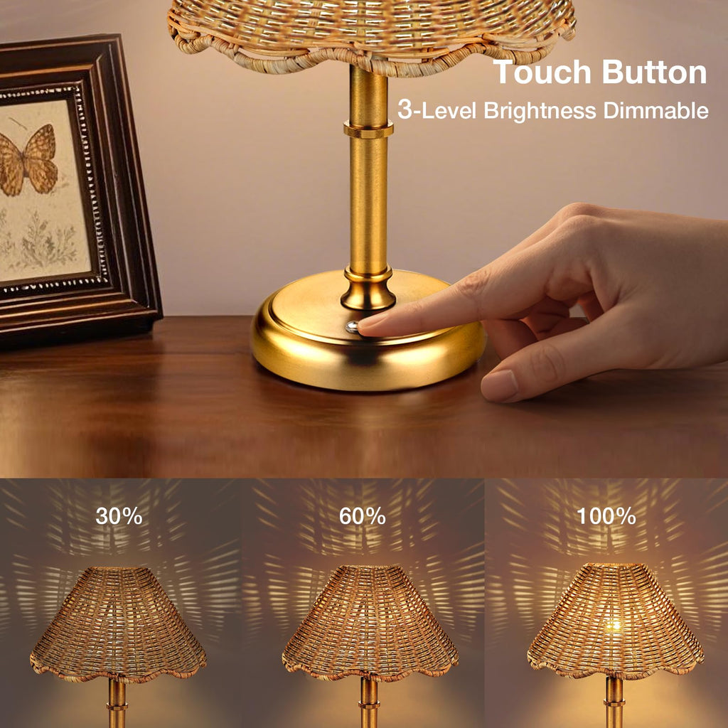 Mini Cordless Boho Rattan Table lamp, 5200-mAh Rechargeable Battery, 3-Level Brightness Dimmable, Build-in Integrated