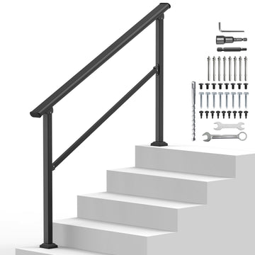 Outdoor Handrails for 4-5 Steps, Stair Railing Kit for Concrete & Porch Steps, Adjustable Black Iron Hand Rail for