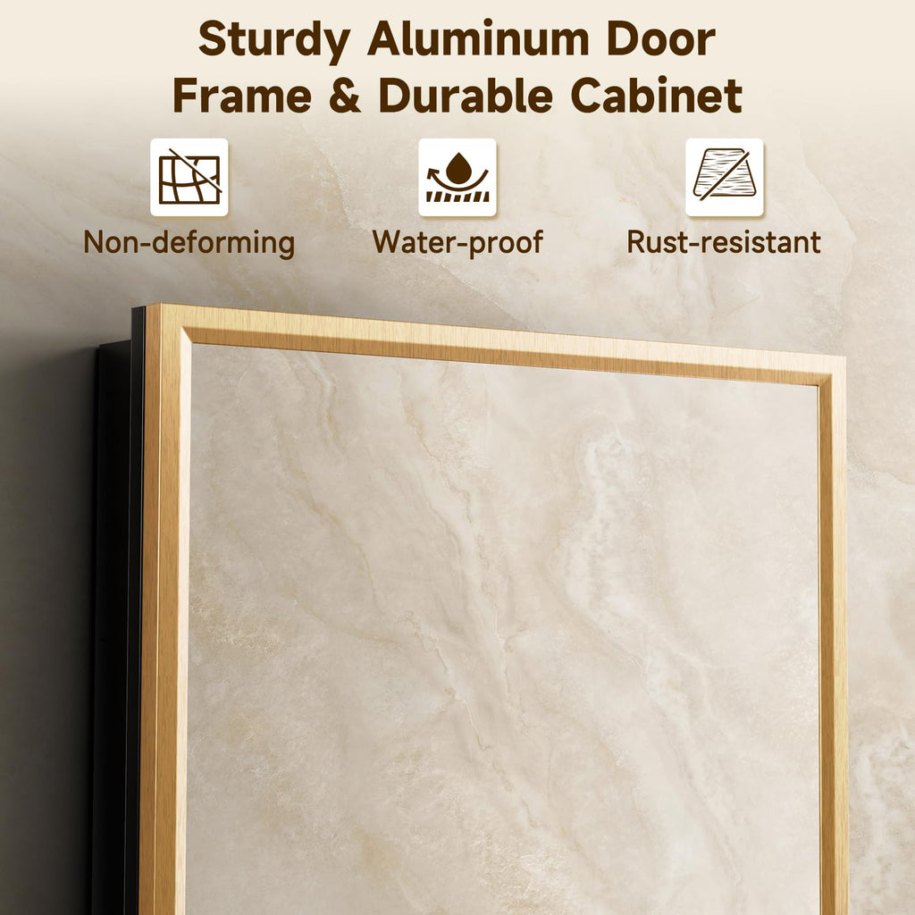 14" x 24" Gold Medicine Cabinets with Mirror, Aluminum Alloy Framed Mirror, Recessed or Surface Wall-Mounted Metal