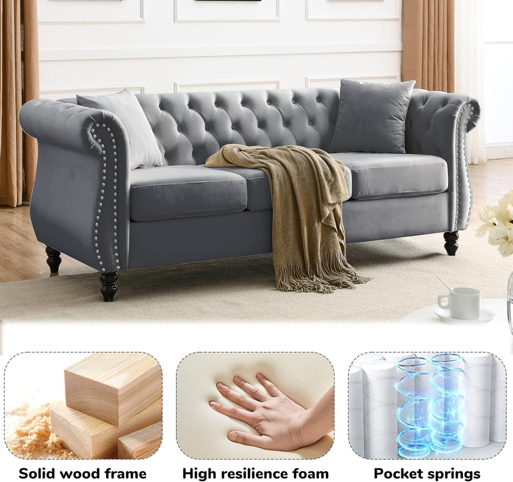 80" 2 Piece 3-Seater Chesterfield Sofa, Combination Sofa with Button Tufted Trimming Curved Backrest Rolled Arms, Grey
