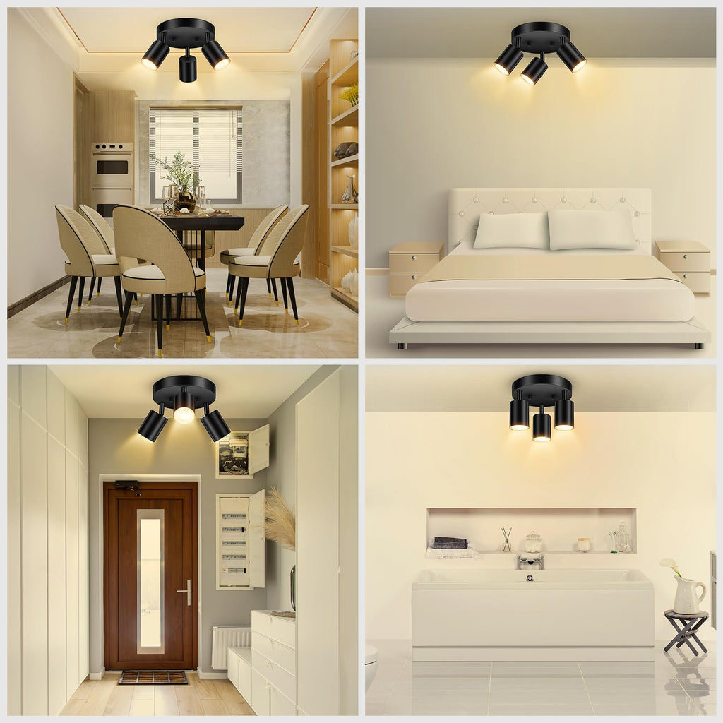 LED 3 Light Track Lighting Kit, LED Track Lighting Fixtures, Black Round Ceiling Spot Lighting, Flexibly Rotatable
