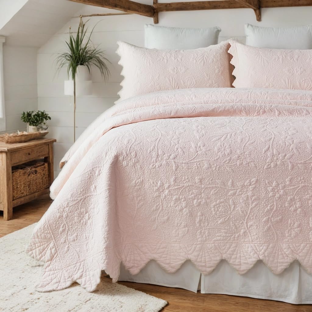 Pink Cotton Quilt Set Scalloped Matelasse Coverlet 2PC