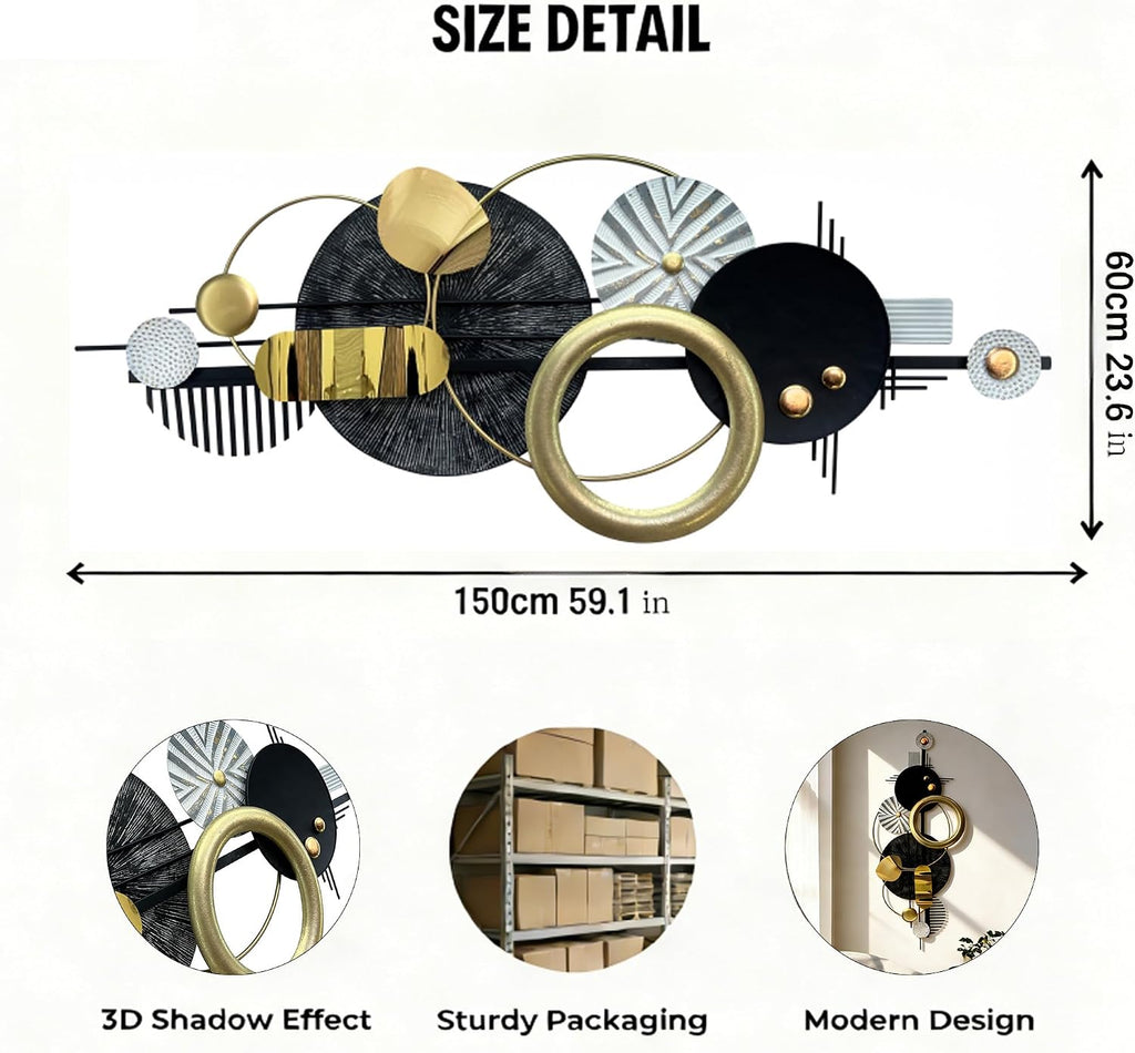 Modern Abstract Metal Wall Art, Gold Black and White Geometric Décor Art Wall Décor, Large 59×24 In 3D Textured Metal