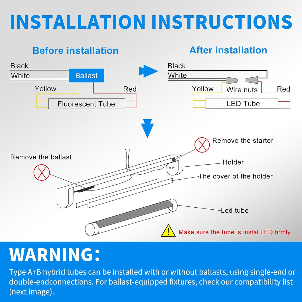 D-Shaped 4FT T8 LED Tube Light 40W 5200LM 6000K, Type A+B 12Pack