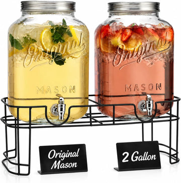GALLON - 2 PACK for Parties, Mason Jar Beverage Dispensers with Metal Stand, Glass Water Dispenser with Spigot - Set of 2