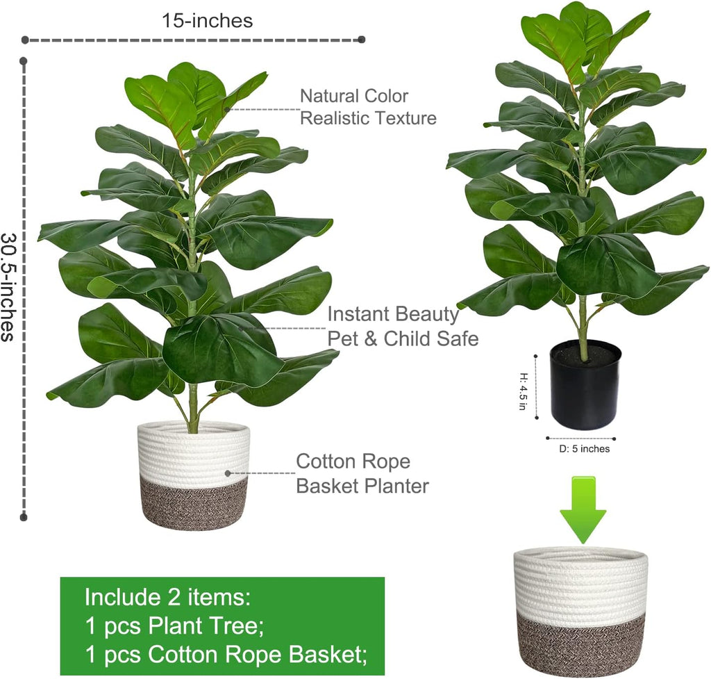 Artificial Fiddle Leaf Fig Tree/Faux Ficus Lyrata Decoration, 30.5" Tall, with Cotton Rope Basket
