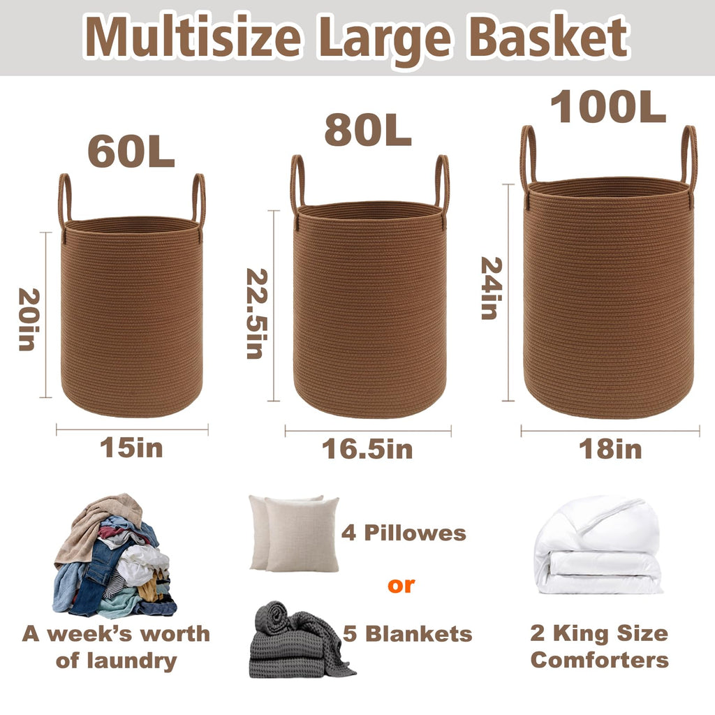 60L Cotton Rope Laundry Basket Hamper, Golden Jute