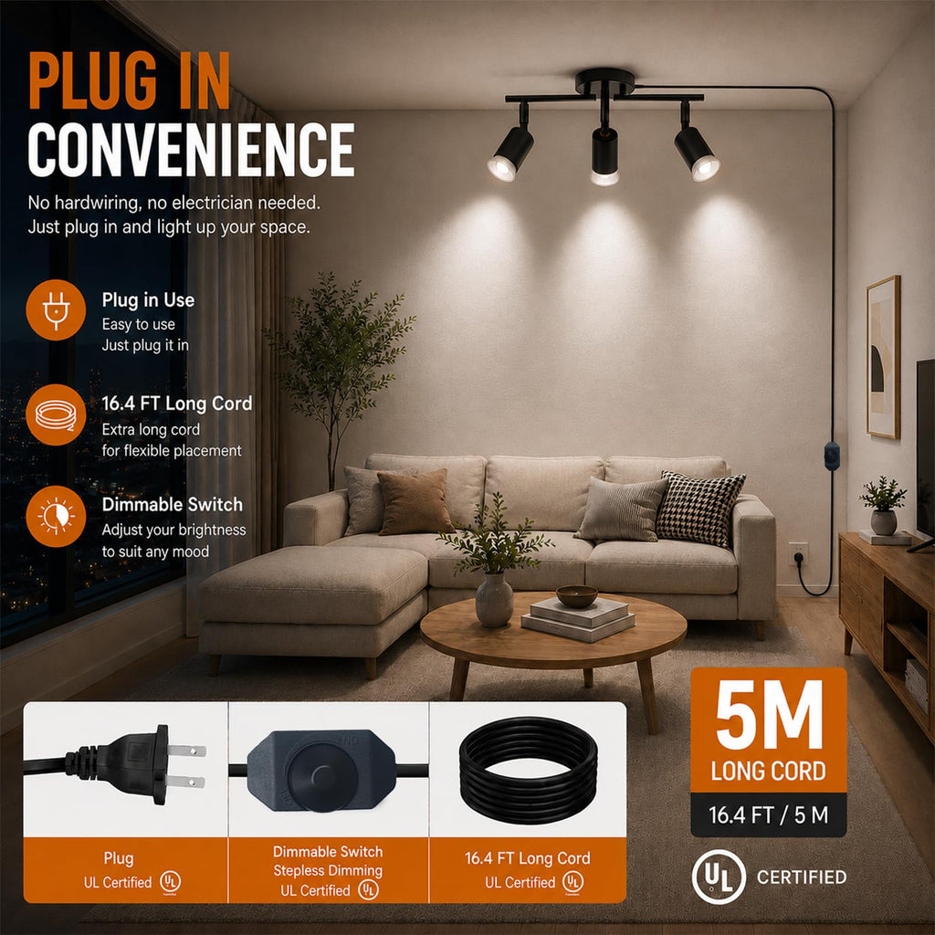 Dimmable Plug in Track Lighting,Plug in Ceiling Light Fixture,Balck 3 Light Track Light with 16.4' Long Cord,Dimming