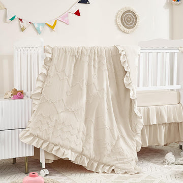 3-Piece Tufted Ruffle Crib Bedding Set for Girls - Ultra Soft Baby Bedding Set Includes Boho Crib Comforter, Sheet &