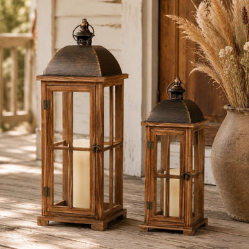 Large Decorative Lanterns, 2 Pack Farmhouse Wood Lanterns Indoor Outdoor