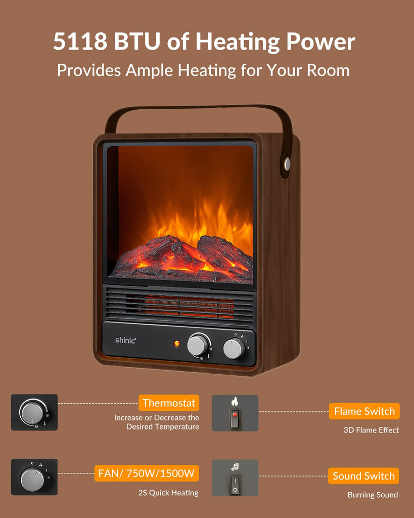 Electric Fireplace Heaters for Indoor Use, 1500W Space Heater with Crackling Sound & 3D Realistic Flame, Safety