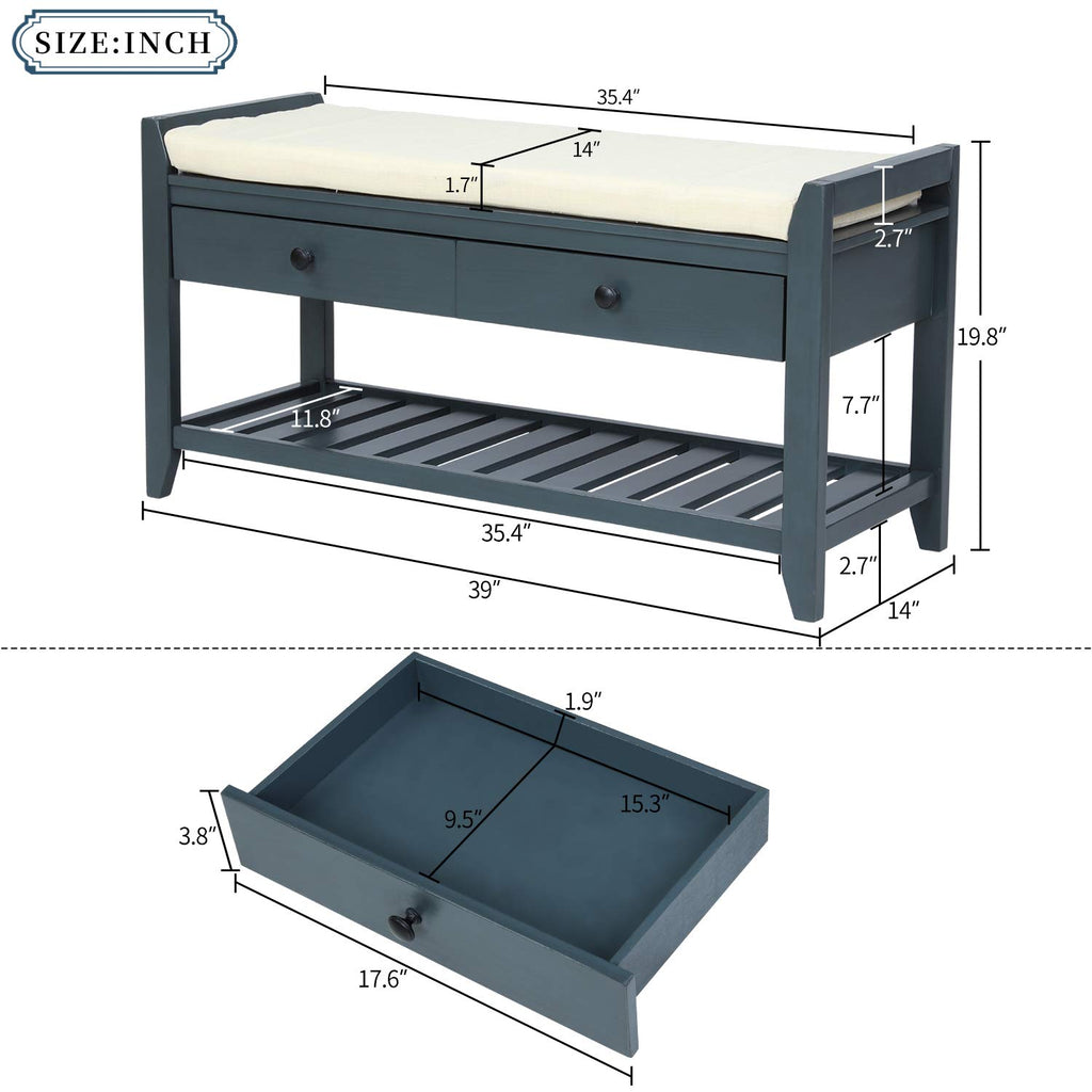 Shoe Storage Bench with Padded Cushion, Rustic Storage Bench with Woven Rattan Doors and Adjustable Shelves, Grey