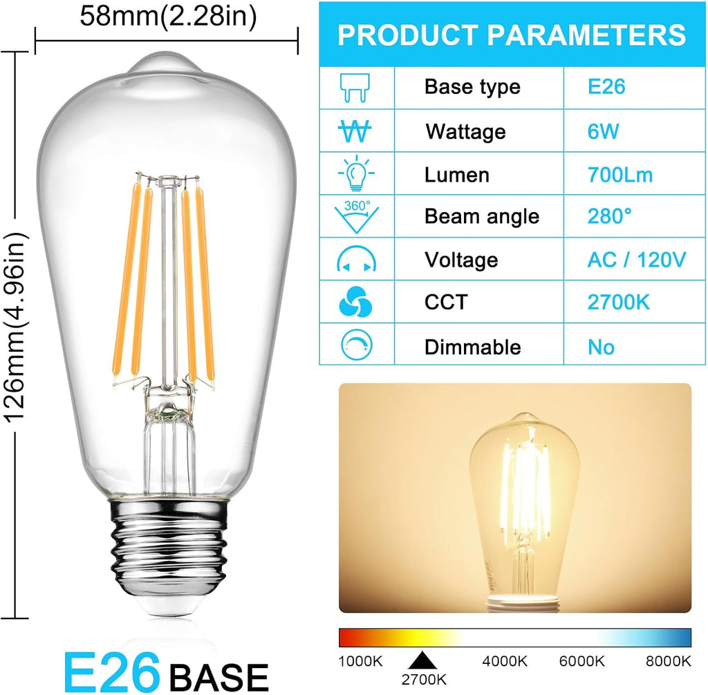 Vintage LED Edison Bulbs, 6W, Equivalent 60W, Non-Dimmable, Warm White 2700K, ST58 Antique LED Filament Bulbs
