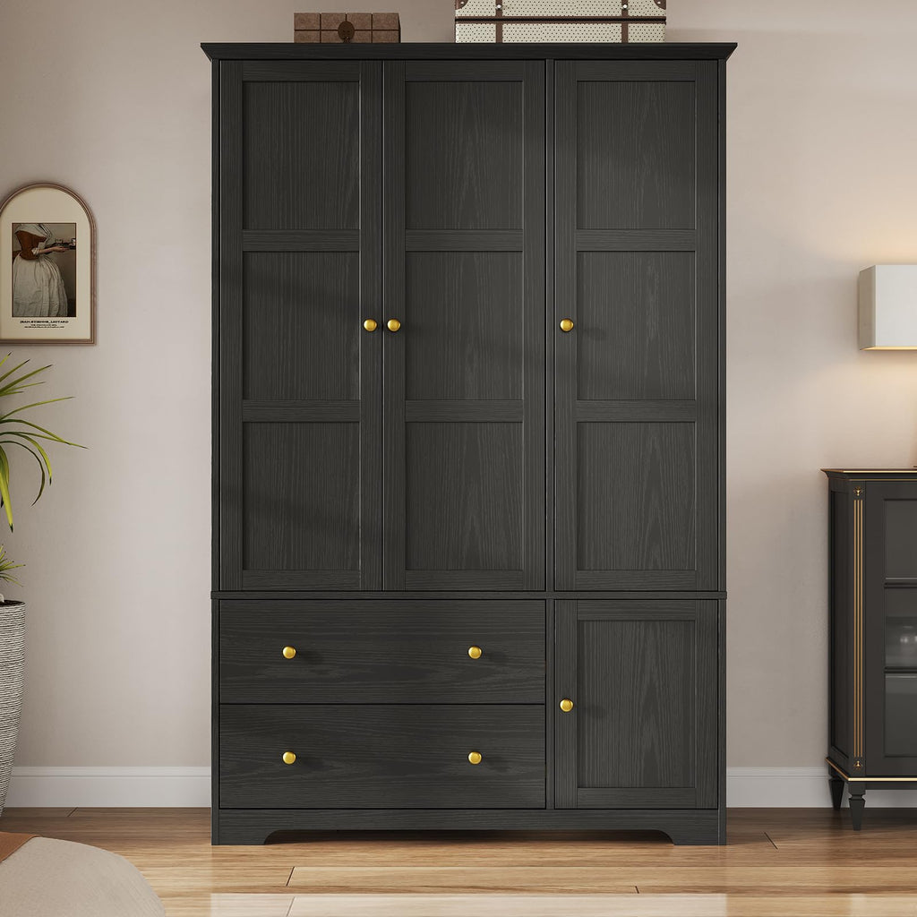 3 Doors Wooden Wardrobe Closet, Large Capacity Bedroom Armoires