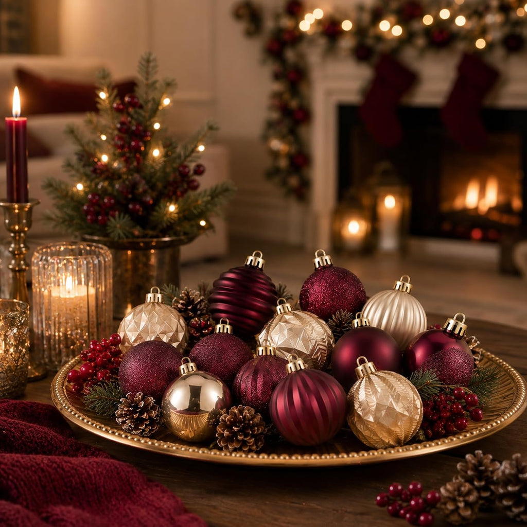 Burgundy and Gold Christmas Ball Ornament 1.57/1.97/2.36 Inch - Set of 64