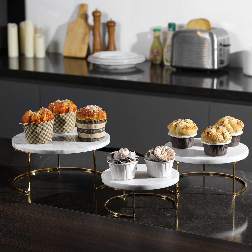 Modern White Marble Cake Stands, Brass Metal Cupcake Stand Dessert Pedestal Risers - Set of 3