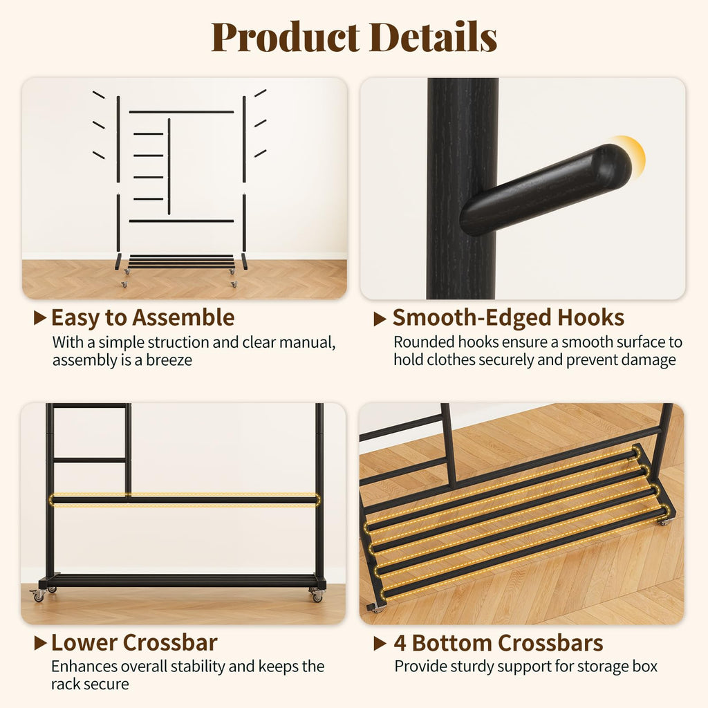 Solid Wood Clothing Rack, 4-in-1 Wooden Clothes Rack with Wheels