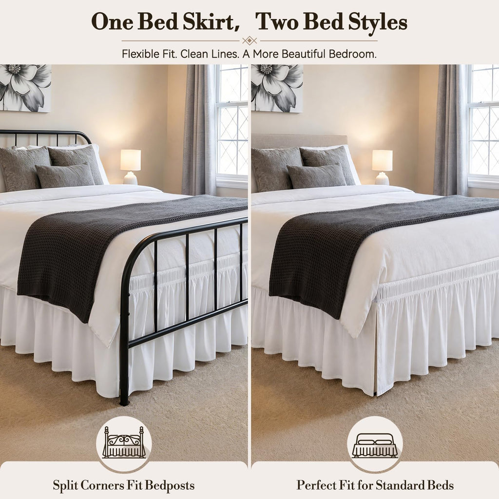 King Bed Skirt 21 Inch Drop, Elastic Wrap Around with Split Corners