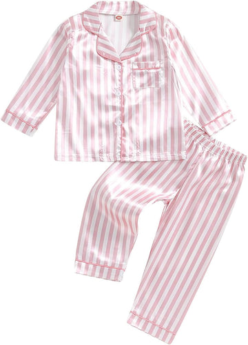 Kids Baby Toddler Girls Satin Silk Pajamas Set Long Sleeve Button Down Shirts Tops Pants Fall Pjs Lounge Sleepwear