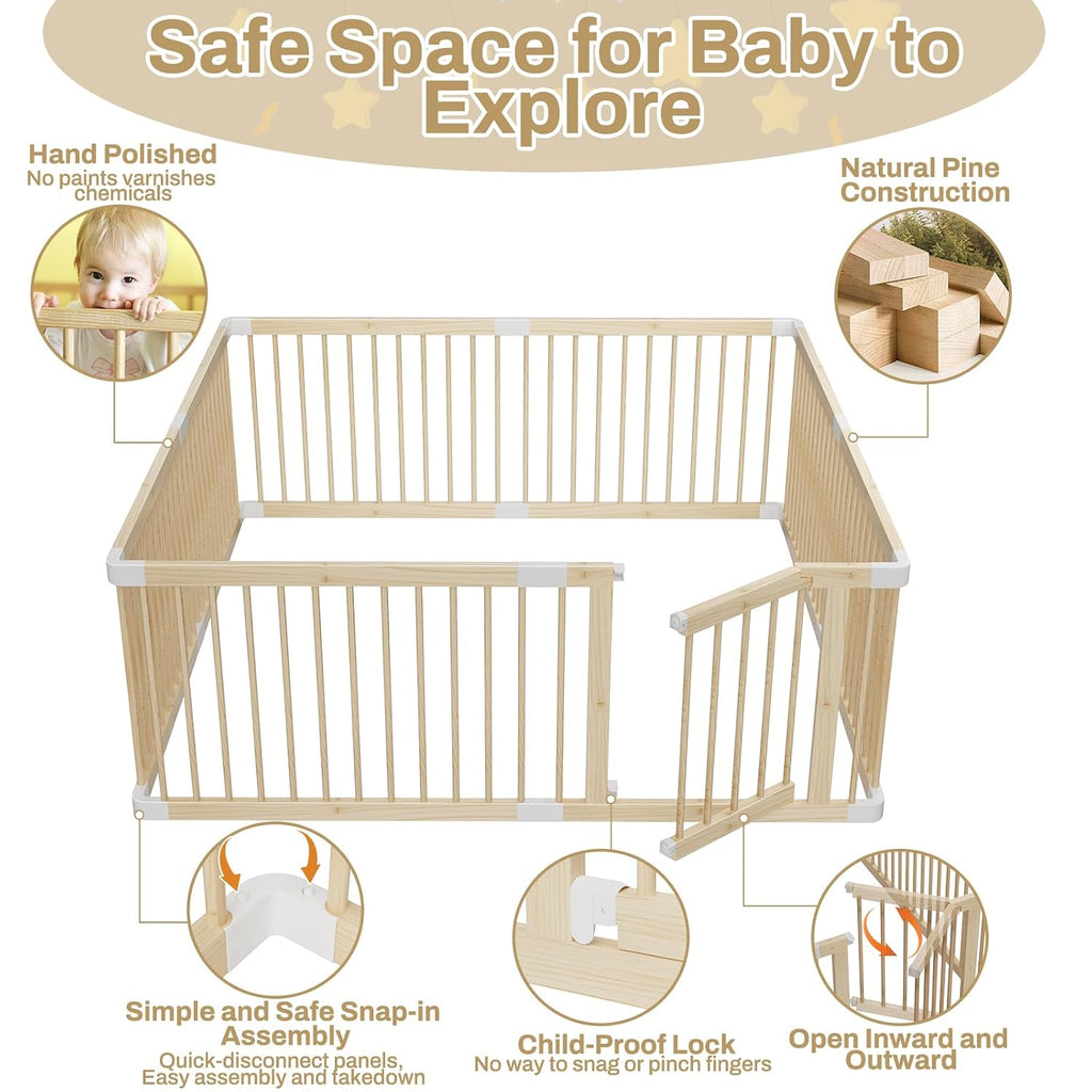 Wooden Baby Playpen, 71.5x60x24In Gate for Toddler and Babies | Natural Pine Wood Playard Double-Locking for
