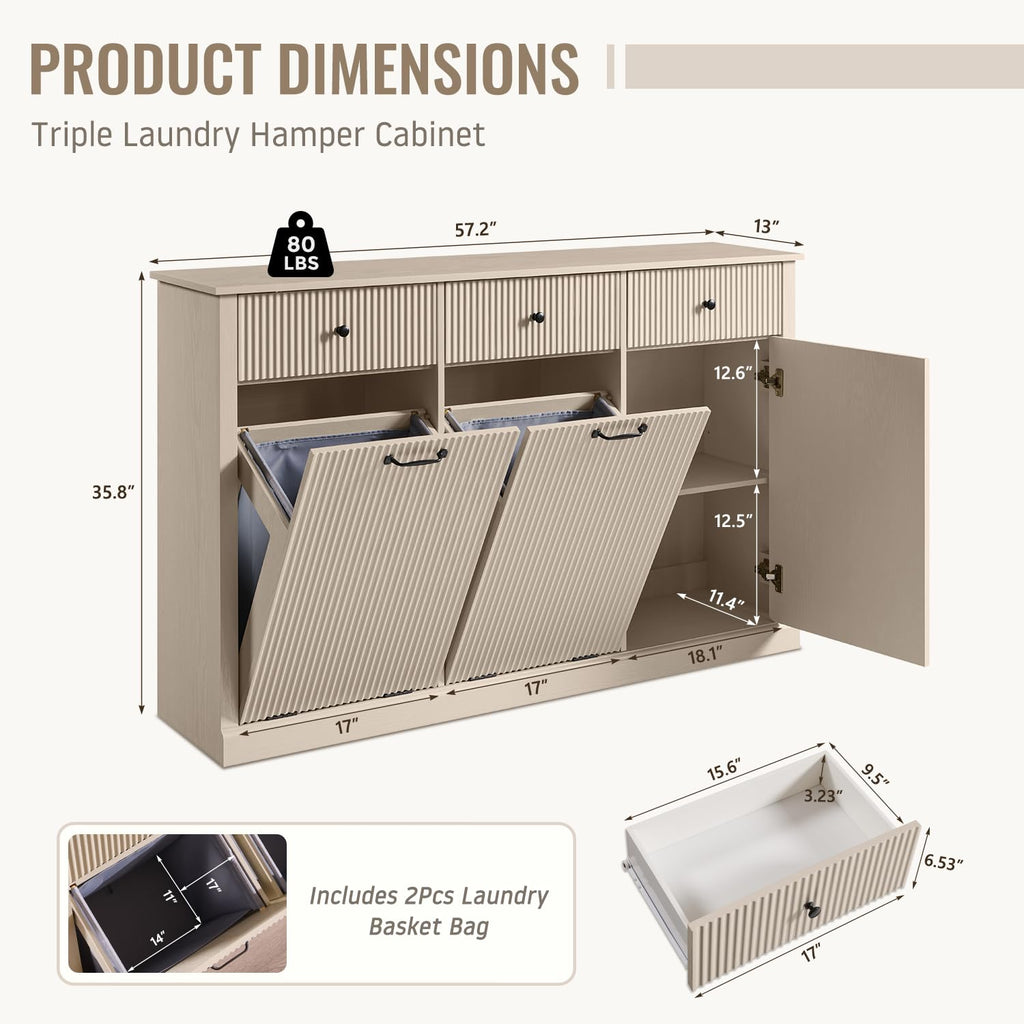 Triple Tilt Out Laundry Hamper Cabinet, Trash Can Cabinet, Cream
