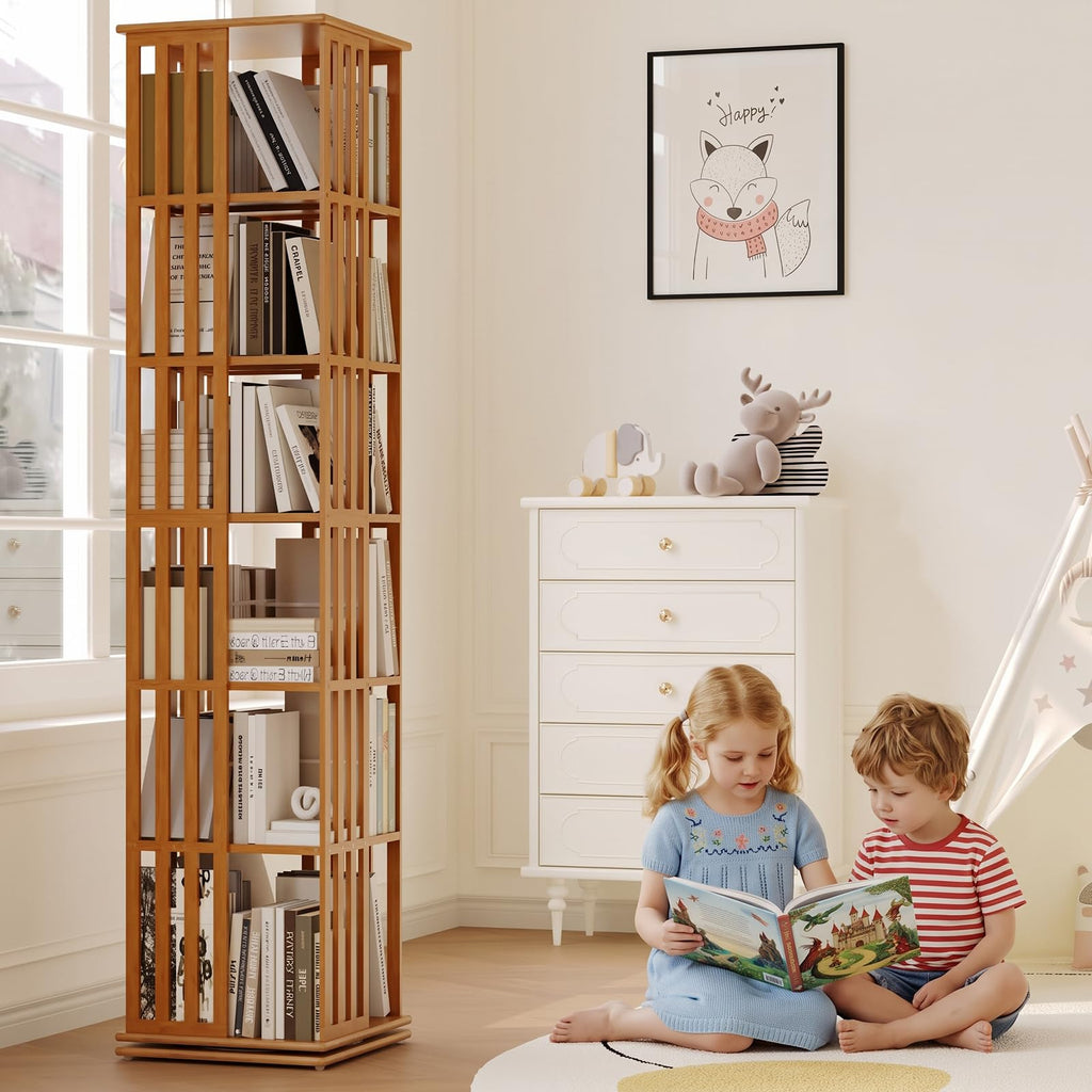 Rotating Bookshelf Tower, 360° Display Spinning Bookcase, Bamboo Bookshelf Floor Standing Storage Rack, Wood Narrow