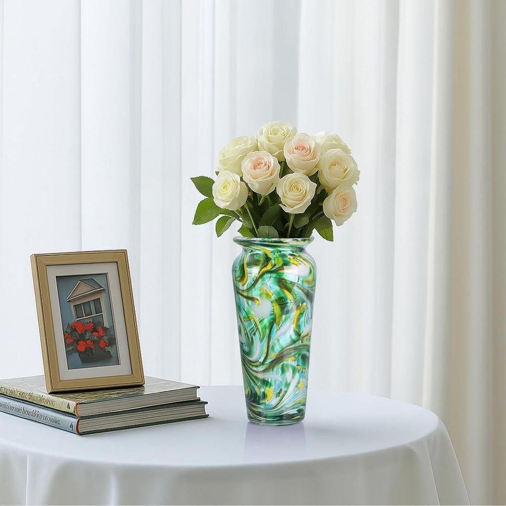 Green Hand Blown Glass Vase - Tall Speckled Decorative Centerpiece in Murano Style for Dining Table, Coffee Table