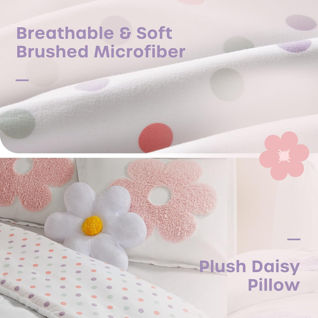 Kids Full Comforter Set for Girls, Tufted Chenille Floral Comforter Set Queen, Lightweight Polka Dot Reversible Bed