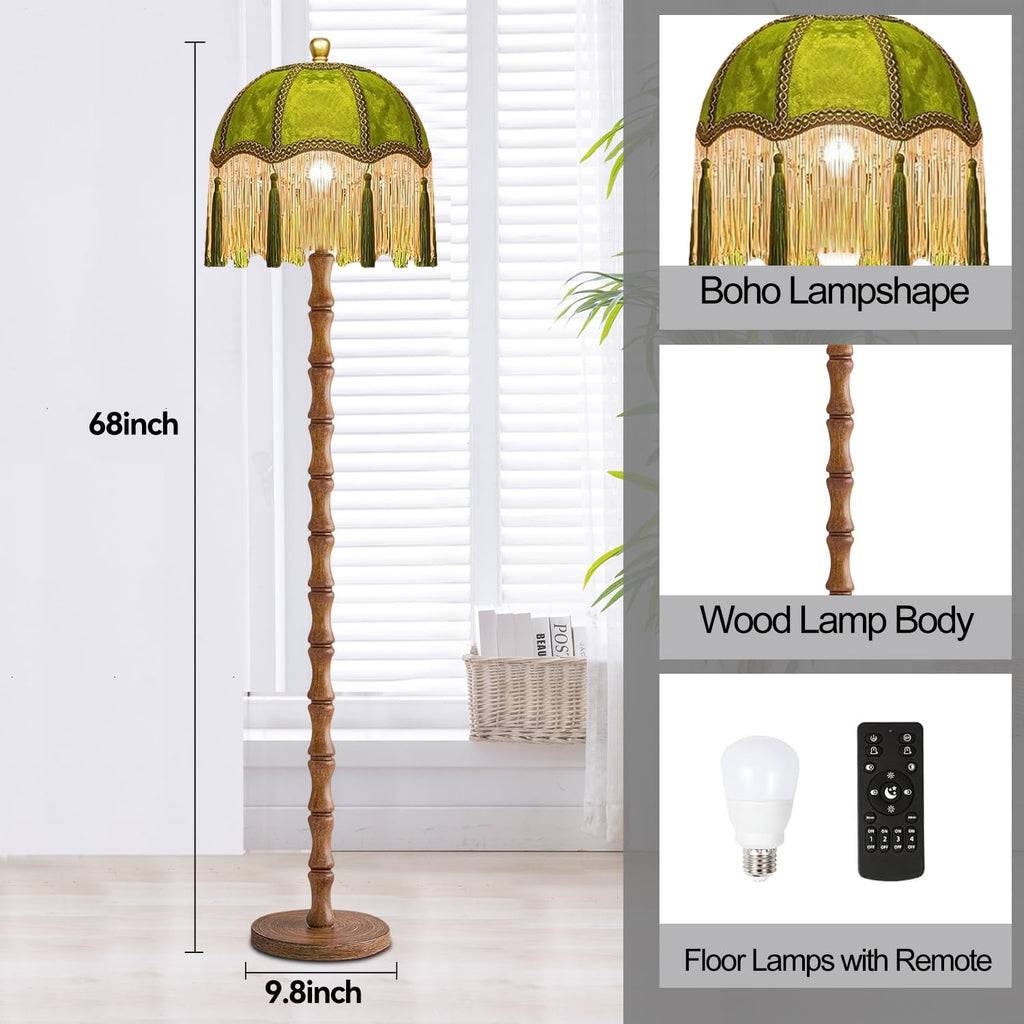 Vintage Floor Lamp, Fringe Standing Lamp with Remote Dimmable, Green Mid Century Gold Tall Lamp Boho Retro Wood Tassel