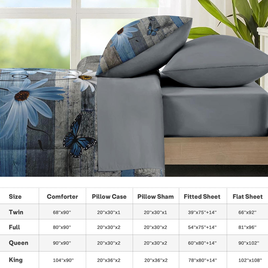 Comforter Set with Sheets, 7 Pieces Farmhouse Daisy Bedding