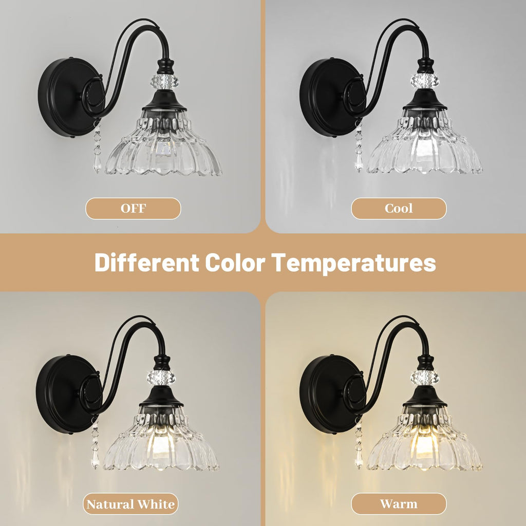 1 Piece Black Wall Sconce, 1-Light Black Farmhouse Wall Sconce with Hanging Crystal Accents and Flower-Shaped Clear