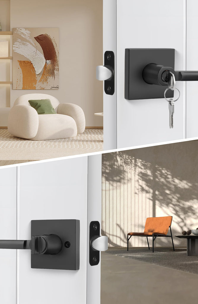 Matte Black Door Handles with Lock and Key, Keyed Entry 2 Pack