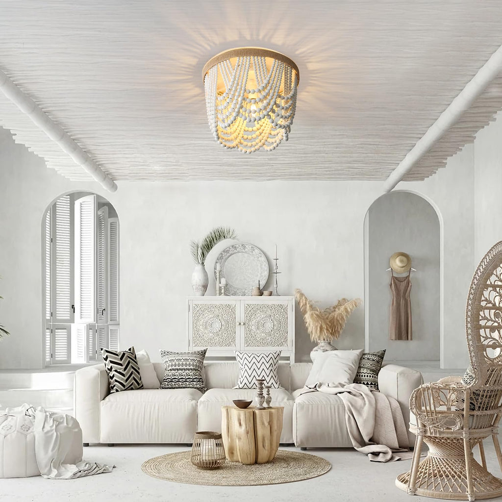 Bohemian Wood Beaded Ceiling Lamp 3-Light, White Beads