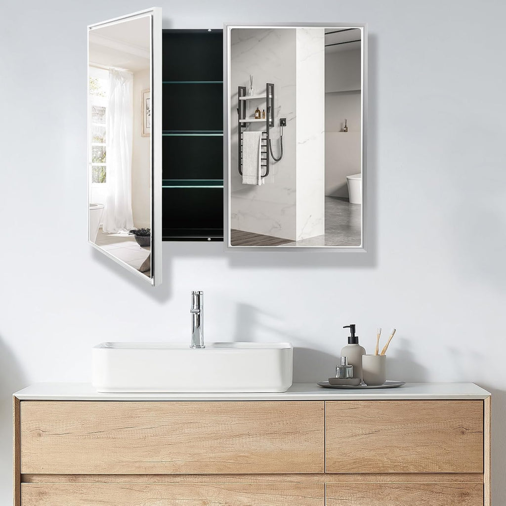 36" x 32" Large Medicine Cabinet with Mirror, Silver Aluminum Framed Bathroom Vanity Mirror Cabinet, Double Door